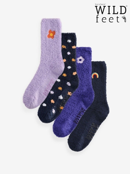 Wild Feet Blue Embroidered Cosy Lounge Socks 4 Pack (AH6769) | €11