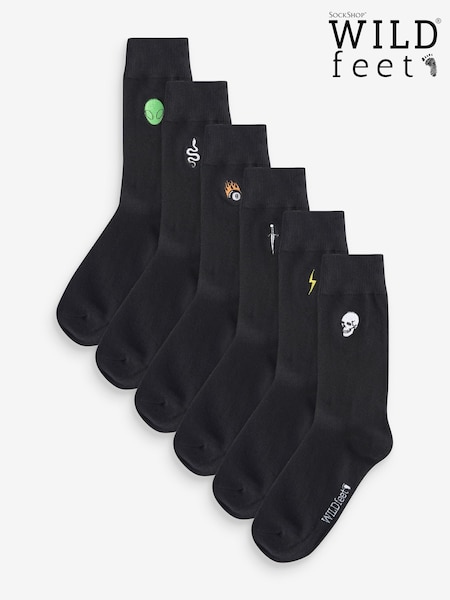 Wild Feet Embroidered Crew Socks 6 Pack (AH6795) | €14