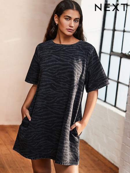 Zebra Print 100% Cotton Short Sleeve Denim T-Shirt Dress (AH6832) | €56