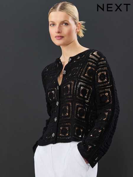 črna - Smart Square Crochet Button Up Jacket (AH7074) | € 50