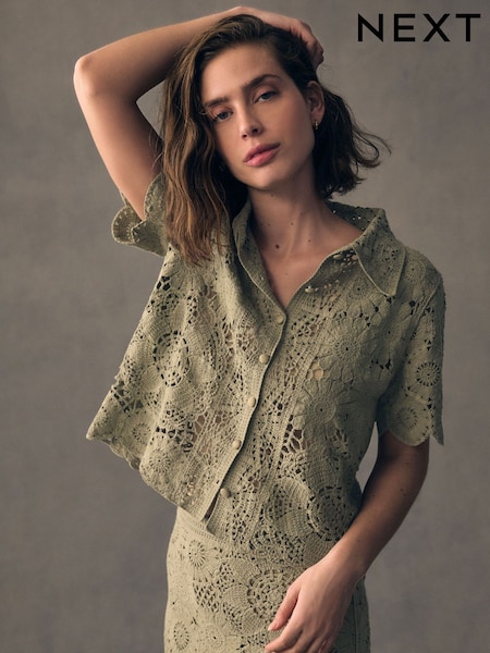Green Sage 100% Cotton Floral Crochet Shirt (AH9220) | 1,272 UAH