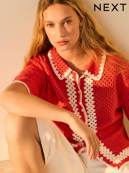 Red Relaxed Short Sleeve Collared Crochet Shirt (AH9228) | €42