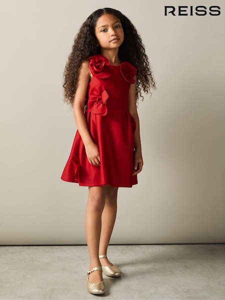 Reiss Red Polliana 9-13 yrs Scuba 3D-Flowers Flared Dress (AH9232) | 404 QAR