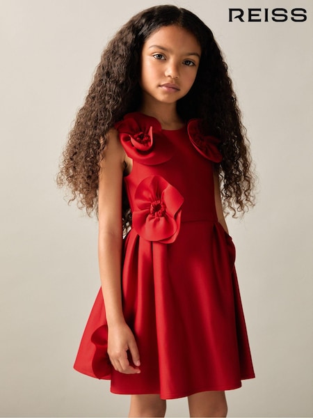 Reiss Red Polliana 4-9 yrs Scuba 3D-Flowers Flared Dress (AH9233) | AED360