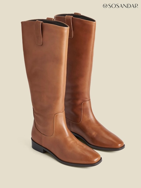 Sosandar Natural Square Toe Flat Leather Boots (AH9281) | $260