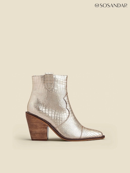 Sosandar Gold Gold Croc Leather Tab Detail Western Ankle  Boots (AH9288) | €152