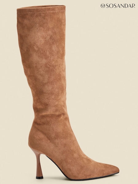 Sosandar Natural Faux Suede Knee High Flared Heel Boots (AH9289) | €118