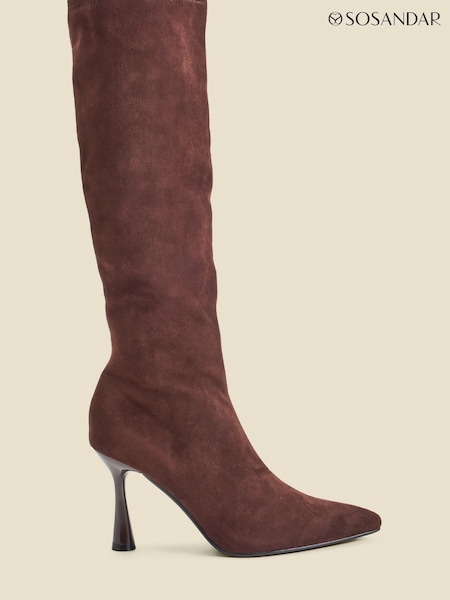 Sosandar Brown Faux Suede Knee High Flared Heel Boots (AH9292) | AED259