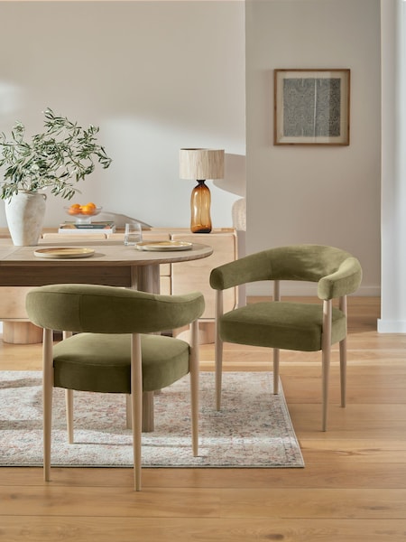 Set of 2 Relaxed Chenille Olive Green Aire Light Wood Leg Dining Chairs (AH9309) | €440