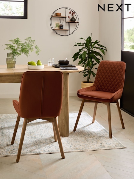 Set of 2 Soft Velvet Rust Brown Hamilton Dark Wood Leg Quilted Dining Chairs (AH9311) | €330