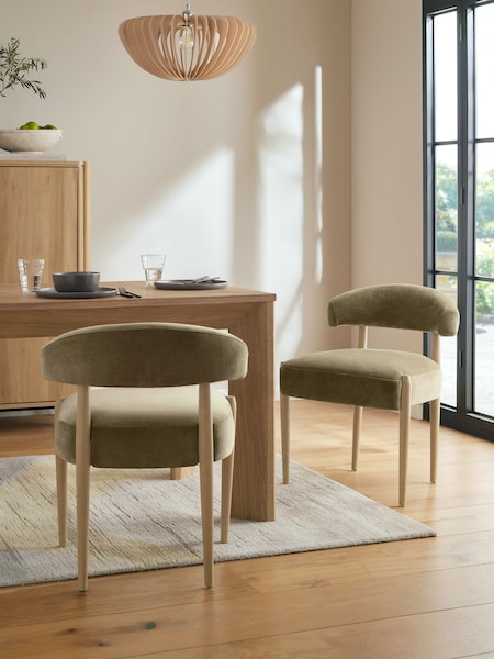 Set of 2 Relaxed Chenille Olive Green Aire Light Wood Leg Dining Chairs (AH9314) | €405