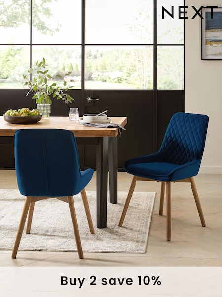 Set of 2 Soft Velvet Navy Blue Hamilton Dark Wood Leg Quilted Dining Chairs (AH9318) | €345