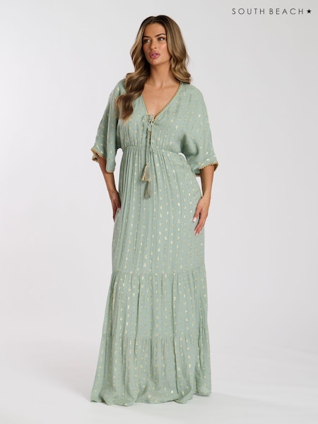 South Beach Green Metallic Jacquard Spot Tiered Maxi Dress (AH9408) | €38