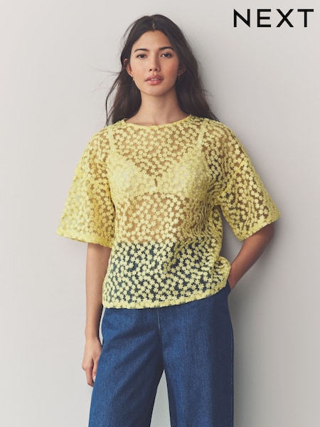 Yellow Boxy Floral Mesh Short Sleeve Top (AH9483) | €29