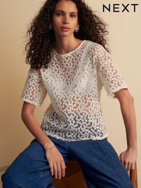 Blanco - Boxy Floral Mesh Short Sleeve Top (AH9484) | 34 €