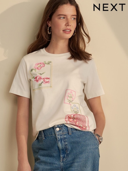 بيج فاتح - Cross Stitch Embroidered T-shirt (AH9485) | ‏112 ر.ق.