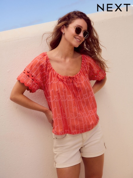 Oranssi kontrastiommel - Broderie anglaise Boho- Lyhyt hiha Ric Rac 100% puuvillaa (AH9492) | €31