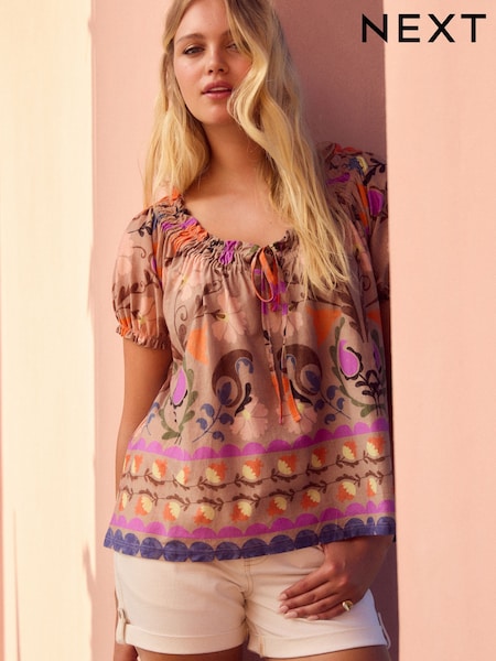 Blush Pink Short Sleeve Ruched Neck Jersey 100% Cotton Blouse (AH9493) | 707 UAH