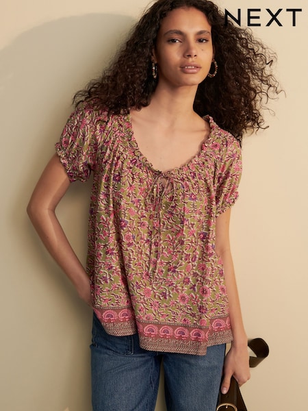 Vihreä/Vaaleanpunainen Kukallinen Border Printti; kuvio - Short Sleeve Ruched Neck Jersey 100% Cotton Blouse (AH9494) | €28