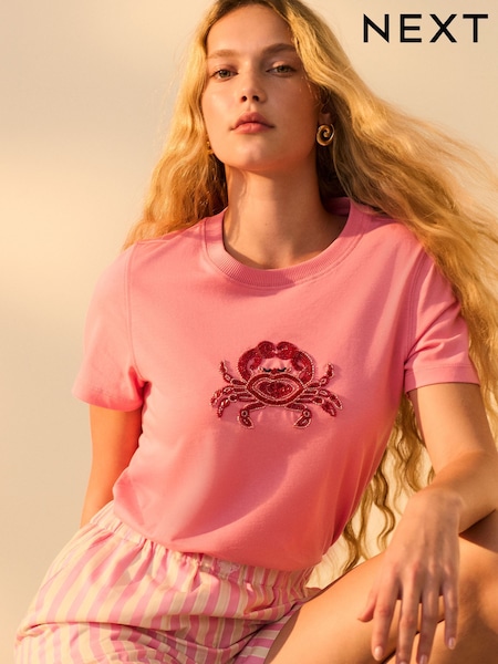 Pink Crab Beaded Embellished Crab T-Shirt (AH9496) | 129 SAR