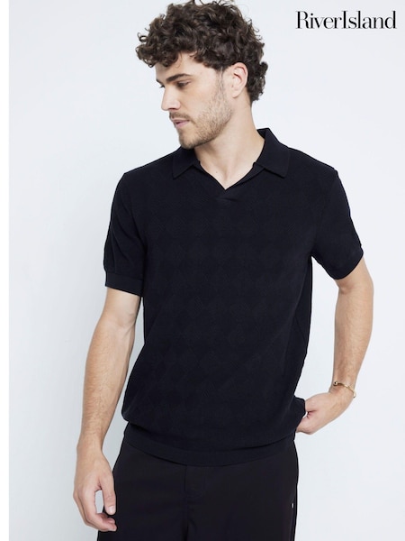 Чорний - River Island Diamond Stitch 100% Cotton Open комір джемпера (AH9571) | 1 802 грн