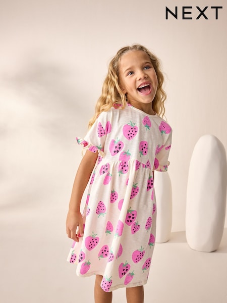 Pink Strawberry Short Sleeve Jersey Summer Dress (3-16yrs) (AH9586) | €13 - €18.50