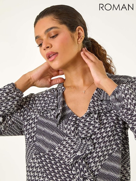 Roman Black Houndstooth Print Ruffle Top (AH9805) | AED255