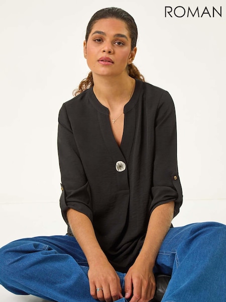 שחור - Roman V-Neck Button Detail Top (AH9810) | ‏220‏₪