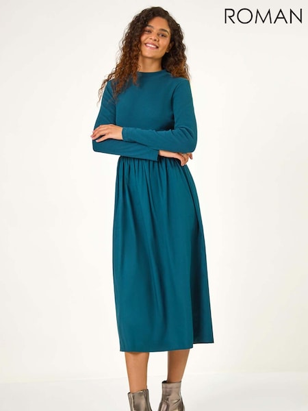 Roman Green Cotton Stretch Jersey Mix Midi Dress (AH9817) | €53