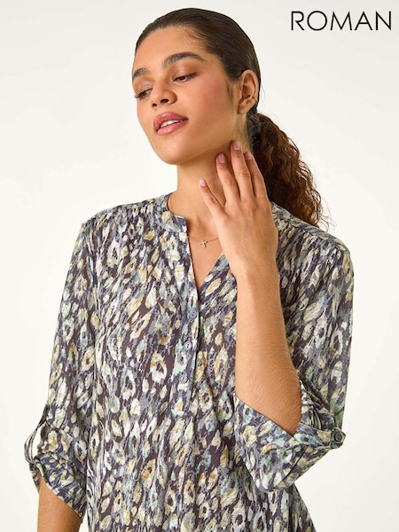 Roman Green/Grey Animal Print Stretch Burnout Top (AH9820) | €44