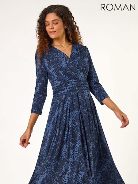 Roman Blue Mock Wrap Animal Print Midi Dress (AH9827) | €60