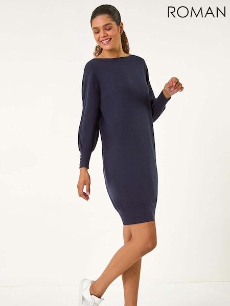Roman Blue Button Detail Slash Neck Knitted Stretch Jumper Dress (AH9830) | €64