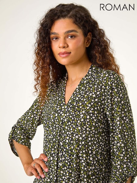 Roman Green Spot Print V-Neck Pleat Front Tunics Top (AH9850) | AZN 98