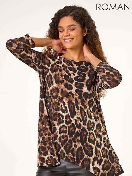 Roman Brown Stretch Textured Animal Print Tunic (AH9867) | AZN 98
