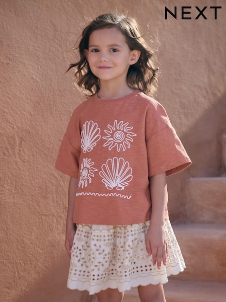 Рудувато-коричневий колір - Embroidered Shells 100% Cotton T-Shirt (3-16yrs) (AH9922) | 494 грн - 700 грн
