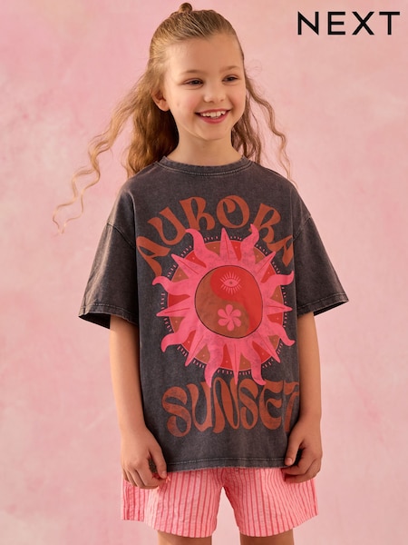 Charcoal/Pink Sun Oversized Graphic Print T-Shirt (3-16yrs) (AH9929) | R$ 100 - R$ 145