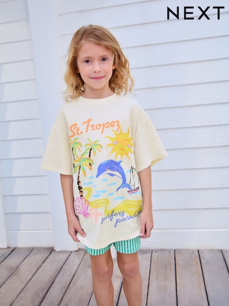 Ecru White Beach Oversized Graphic Print T-Shirt (3-16yrs) (AH9933) | 45 QAR - 69 QAR