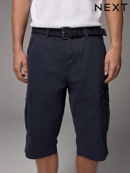 כחול כהה - Long Length Belted Cargo Shorts (AH9935) | ‏121‏₪