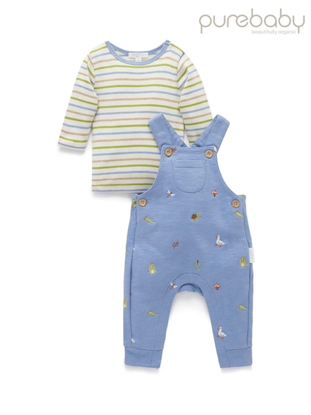 Purebaby Blue Embroidered 100% Cotton Dungaree and Long Sleeve T-Shirt Set (AH9986) | AED131