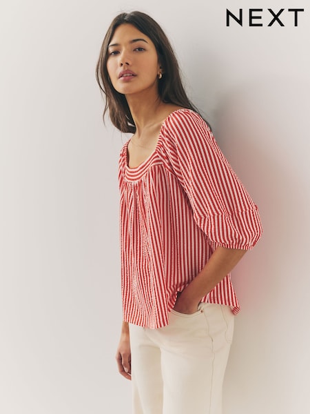אדום/לבן פסים - Volume Half Sleeve Jersey 100% Cotton Blouse (AJ0001) | ‏87‏₪