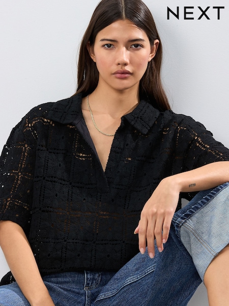 Black Crochet Short Sleeve Collared Top (AJ0005) | 1,590 UAH