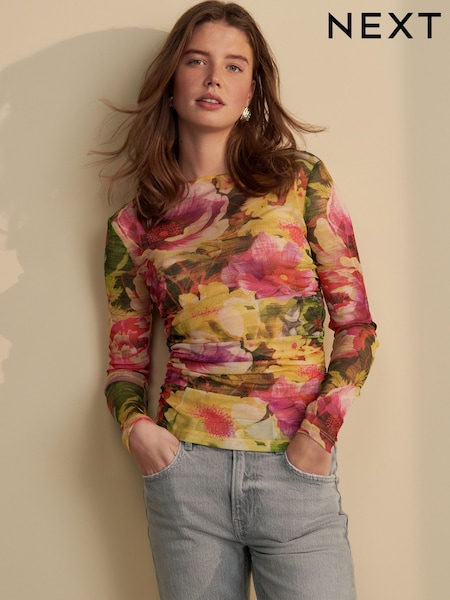 Pink/Green Floral Long Sleeve Ruched Side Mesh Top (AJ0007) | 124 SAR