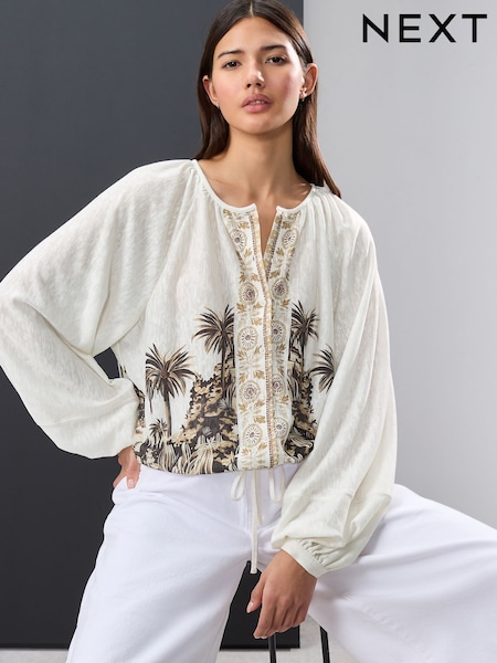 Ecru Border Print Long Sleeve Boho Drawstring Blouse (AJ0013) | 1,131 UAH