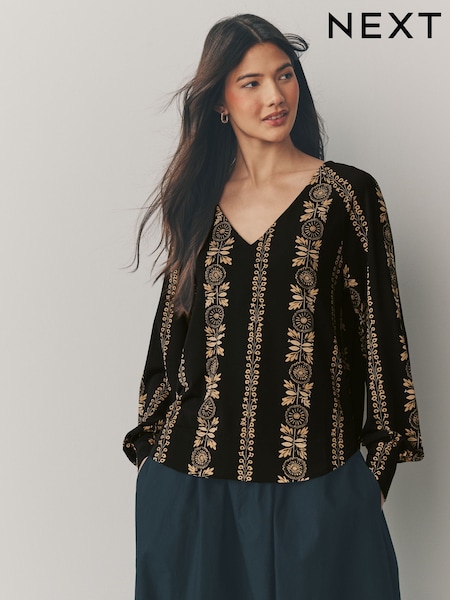 Black/Yellow Print Long Sleeve V-Neck Jersey Blouse (AJ0020) | ₪107