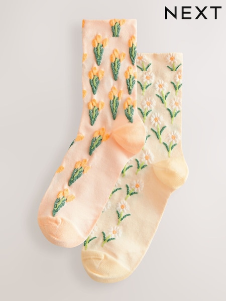 Yellow Floral Blister Texture Ankle Socks 2 Pack (AJ0026) | $12