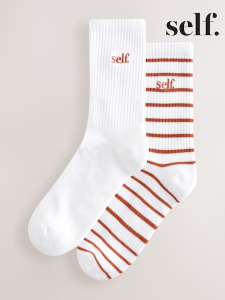self. White/Rust Cushion Sole Ribbed Sport Ankle Socks 2 Pack With Arch Support (AJ0041) | €14.50