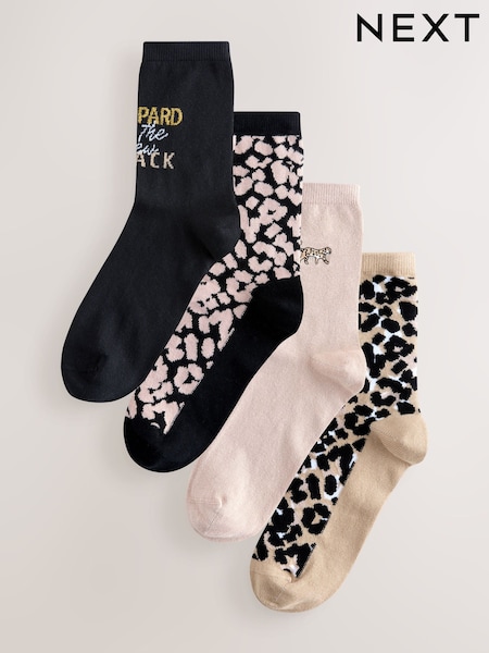 Black Leopard Slogan Ankle Socks 4 Pack (AJ0045) | €17.50