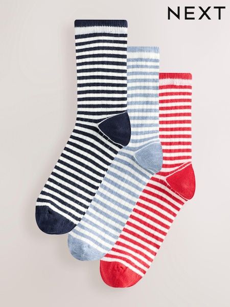 White/Navy/Red Mock Rib Ankle Socks 3 Pack (AJ0066) | €13