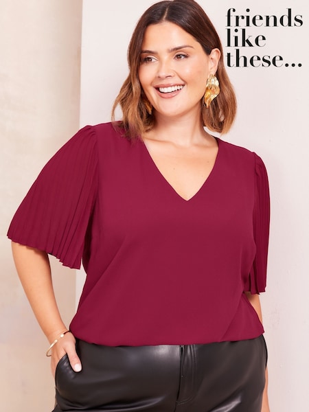 Friends Like These Burgundy Red Curve Short Sleeve Pleated Top (AJ0128) | 124 QAR