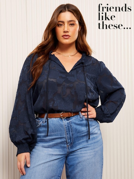 Friends Like These Navy Curves Long Sleeves Jacqaurd Tie Neck Blouse (AJ0131) | €33